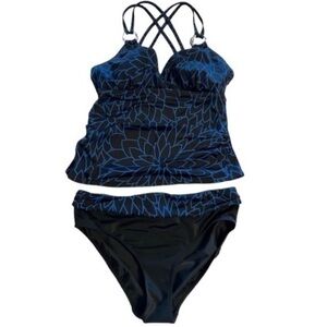 Islander two piece swimsuit size 10 black and blue with flower print